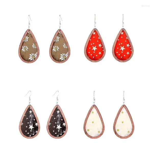 Brincos Dangle Red Star PVC Daisy Floral Print Teardrop Wood Wood Bandeja para Mulheres 2024 Declaração de Natal da Moda