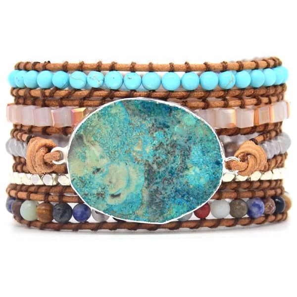 Armbänder Ozeanblau Stein Armband Boho 5x Leder Freundschaftswickel Armband Böhmen Schmuck Bohemian Armband