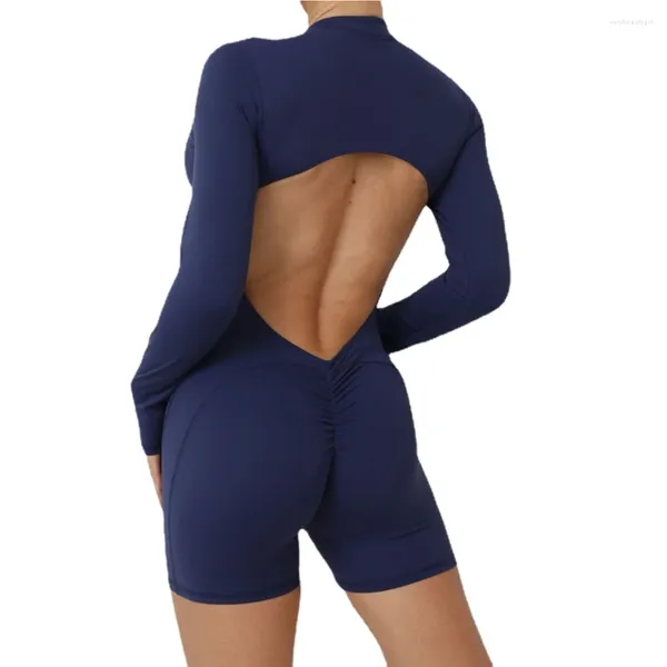 Aktive Sets Backless Jumpsuit Women Polster Overalls 2024 Fitnesskleidung für Sportswear Lycra Sport Set Outfit Tracksuit Marine Blau