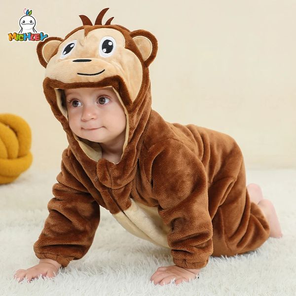 Michley Cadılar Bayramı Bebek Karikatür Romper Kış Maymun Kapşonlu Bebek Giyim Erkek Kız Pijama Hayvan Onesie Sulma 240409