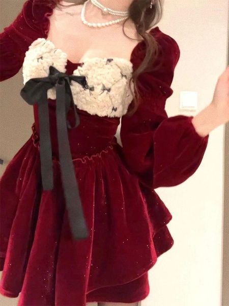 Vestidos casuais elegantes vestido de festa curta e elegante manga longa doce francês mini 2024 primavera uma peça coreana moda