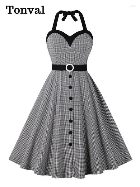 Abiti casual Tonval in bianco e nero Gingham High Halter Party Sexy Halter For Women Single Breasted Fireless Vintage Dress