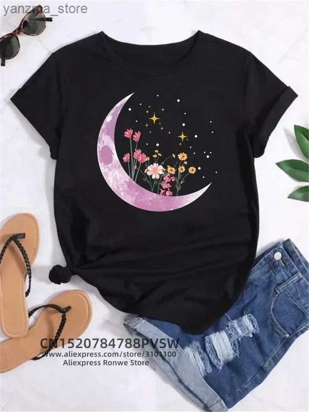 T-shirt femminile Moon Planet Space Women T-shirts Girl Fashion Funy Casual Round Neck Short Slve Strtwear Abiti da donna Tops vintage Y240420