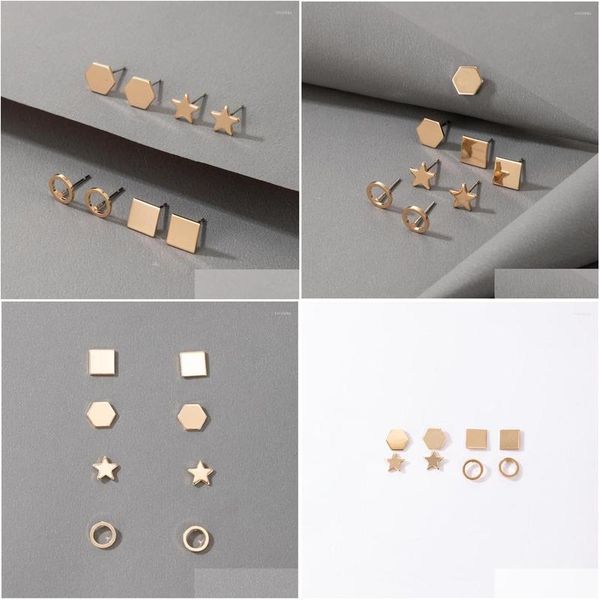 Brincos de garanhão Huatang 4Pair/Set Punk Gold Color Geometric Studs Conjuntos para mulheres Design Simple Little Circle Star Jewelry Presente Deli Dhlwz