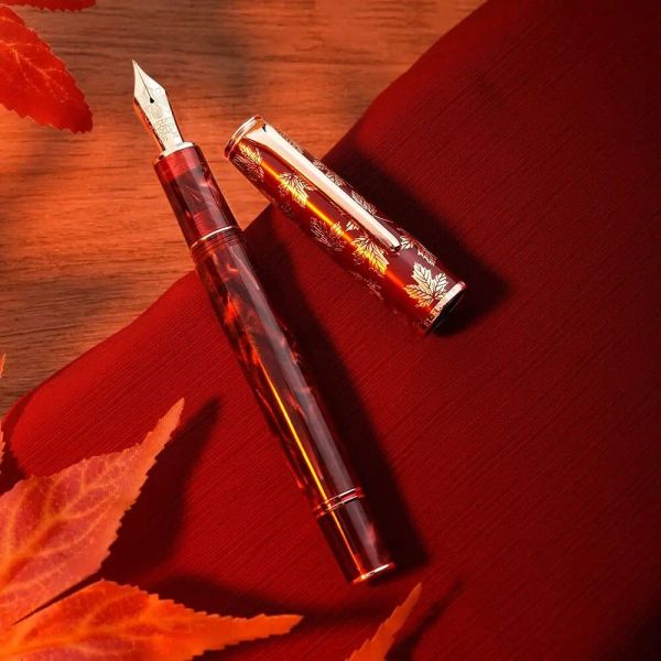 Stifte Hongdian N8 Fountain Stift Red Acrylharz Maple Blatt Carving Cap EF/F NIB Trimm -Trim -Büro -Schreibgeschenke mit Konverter