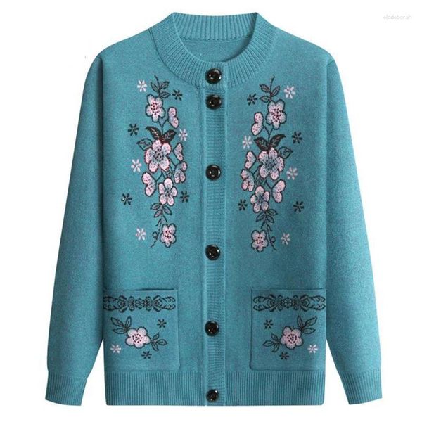 Malhas femininas 2024 Spring Autumn Knitwear suéter Cardigan Manga longa Milina de malha de peito único Tops Tops Mother Dress