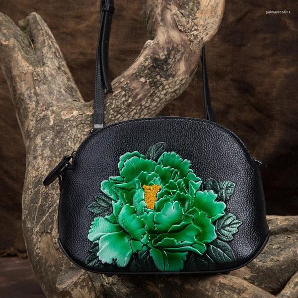 Umhängetaschen Vintage echte Ledertasche Frau Retro Blumen- oder Crossbody kleine Damen echte Kuhhandtasche