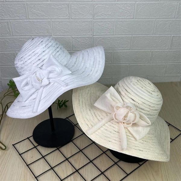 Chapéus largos de aba feminina Chapéu de sol dobrável feminino estilo minimalista coreano Bowknot sunhat Casual Beach Cap grande para mulheres 2024