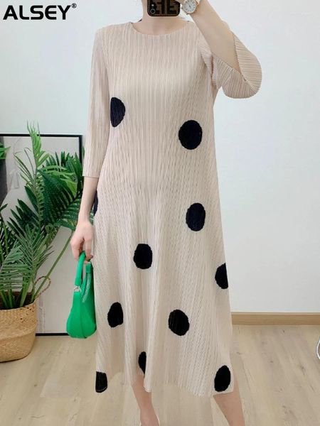 Sıradan Elbiseler Alsey Miyake Polka Dot Baskı Pileli Elbise Sonbahar Moda Üç Çeyrek Kollu Kadınlar İçin Gevşek A-Hat