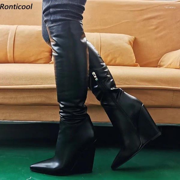 Stiefel Ronticool wechseln Farbe Handgefertigte Frauen Winter Knie Keile Absätze Spitz Zeh Elegante schwarze Nachtclubschuhe plus Größe 35-47