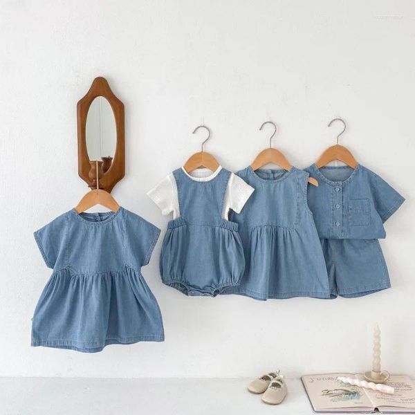 Mädchenkleider Honeycherry Sommer Jungen und Mädchen dünne Denim Kurzarm Shirt Shorts Set Kleid weiche Strampler Babykleidung