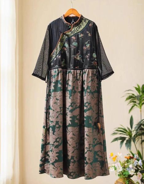 Vestidos casuais luxuosos verde escuro Jacquard de retalhos de retalhos de verão Stand Stand Stand Sleeve Bordery Long Dress Dress