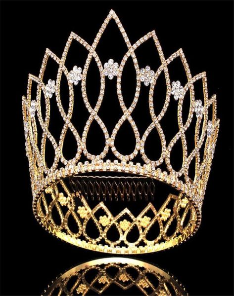 Coroa alta de luxo enorme tiara full redonda capacete de cristal de cristal de jóias de jóias de jóias de jóias de jóias de cabelo floral