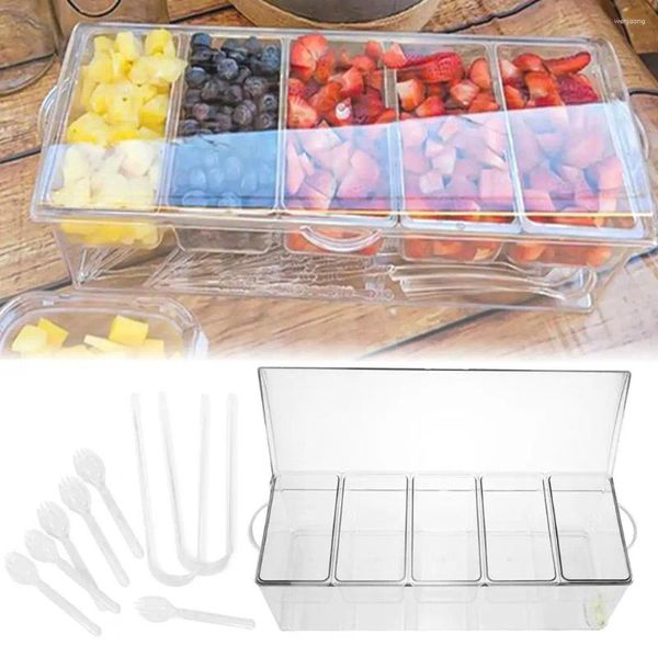 Aufbewahrung Flaschen klarer Lebensmittelbehälter mit Clip Spoon Outdoor Picknick Obst Gemüse Frische Halten Sie Gewürze ein geteiltes Tablett geteilt