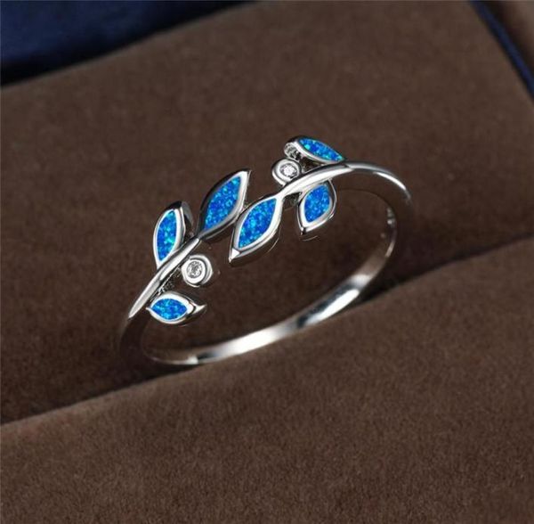 Hochzeitsringe zierliche Braut süßes Blatt dünner Verlobungsring Vintage weibliche blaue weiße Opalstein -Charm Silber Farbe für Frauen2718307