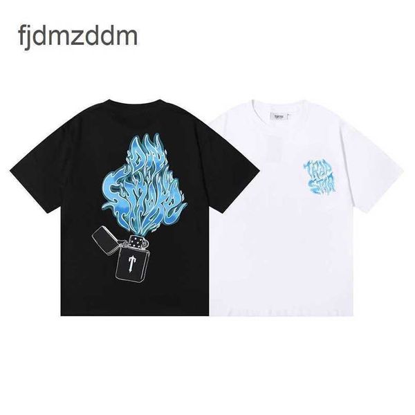 Мужские и женские тенденции дизайнерская мода маленькая и модная Trapstar Ligher Blue Flame Print Mens Womens Cotton Loase Fusual с короткими рукавами футболка