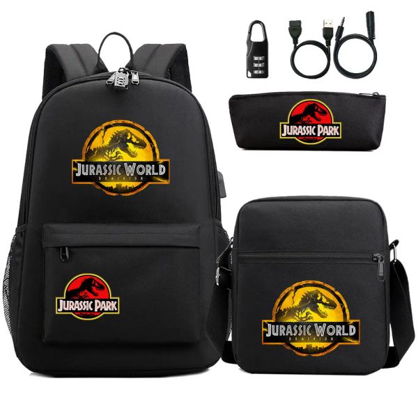 Mochilas Dinosaur Jurassic Park World 3pcs USB Antitheft Lock Boy Girl Girl Kids Escola Bolsas de Livro Viagem Backpack Bag Bag Pen Bag