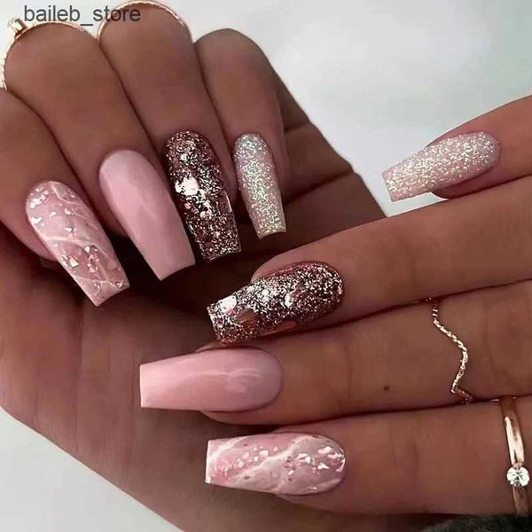 False chiodi 24pcs False Nails Rhinestone Glitter Marble Design Fingernail Fingernail Long Ballet indossabile Acrilico Copertina completa Pressa su unghie Y240419 Y240419