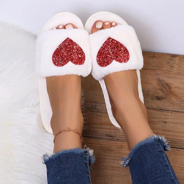 Hausschuhe Frauen Süßes Herz Plüsch Herbst Winter House Fluffy Slides Female Flop Flip Flops 2024 Haus warm pelzige Plattform Schuhe