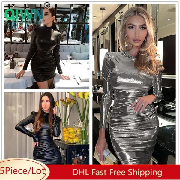 Lässige Kleider 5pcs Großhandel glänzende Faltenkleid Frauen sexy Langarm Körperbodycon Hüfte weibliche Party Clubwear Ästhetik Mini Vestido 10275