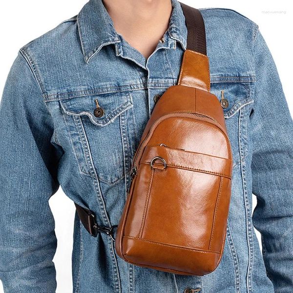 Bolsas de noite bolsas de ombro de mochila de corpo transversal de couro genuíno para homens pacote de peito designer retrô masculino de cheiro real