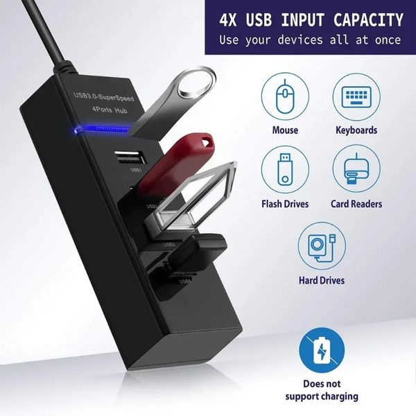 2024 4 portas 2.0 3.0 cubo USB divisor de alta velocidade Cabo de expansão de adaptadores USB para desktop Adaptador de laptop PC Hub para hub USB para USB