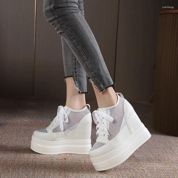 Lässige Schuhe 14 cm Wedge High Heel Fisch Mund Sandale Innere Höhe Plattform Weiß Gaze Dicke Soled Römische Frauen