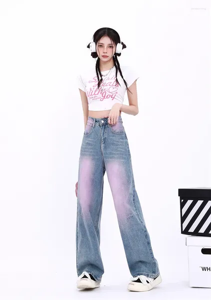 Jeans femminile estate vintage estate ad alta grado tinte di graffiti hip hop tubo dritta dritta gamba larga in vita