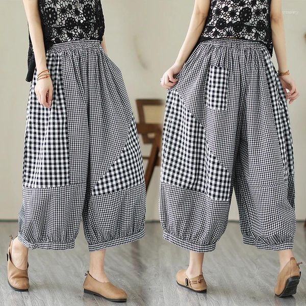 Frauenhose 2024 Ankunft Sommer Frauen Baumwollwäsche Leinen langen lässige lockere elastische Taille Plaid Patchwork Bloomers S70