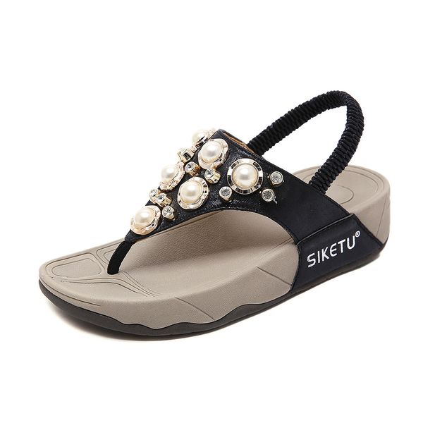 Designer Sandalen Frauen Pantoffeln Schwarze weiße klassische Schieberegler Perlen Sommer Dicke Sohle bequem leichte, atmungsaktives Strandmädchen Sandale