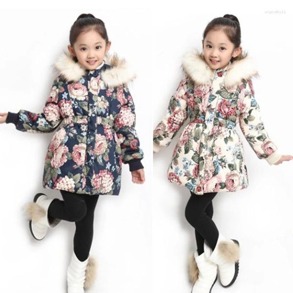 Down Coat Girls Parkas Pamuklu Çaplı Kalın Sıcak Çocuklar Kış Ceket Kız Çiçek Deseni Fermuar Kapşonlu Çocuklar Uzun Outer Giyim