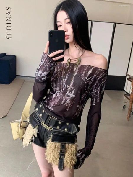 Frauen T -Shirts Yedinas Krawattenfarbe Grunge von Schulterhemd Frauen Kleidung Langarm schwarzer purer Mesh Tops Korean Fashion Tee Femme y2k