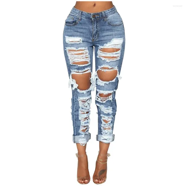 Jeans feminino rasgado jeans skinny calça lápis American Street Fashion Straight chic comprimento completo