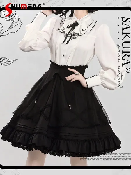 Abiti da lavoro in stile giapponese Lolita Cine Skirt Set per donne Eleganti 2024 Spring Sweet Ladies Lunga Shirt Shirt Gonne Black Suit