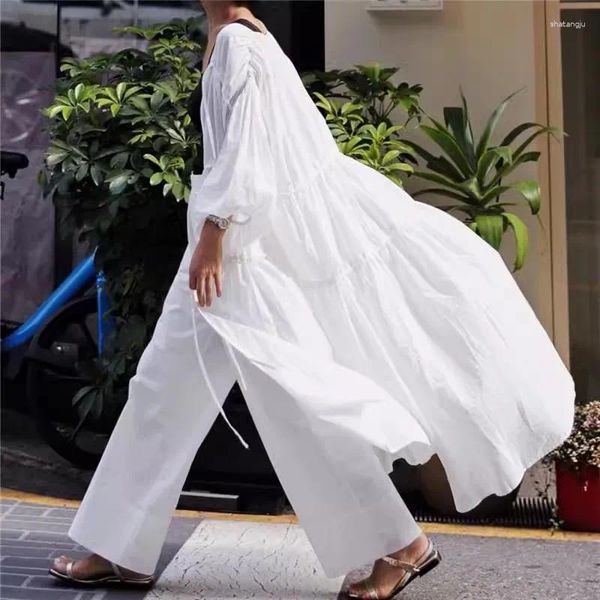 Coletes femininos johnature verão camisa longa protetora solar casacos 2024 Casual coreano plissado cor sólida cora branca solta mulher mulher