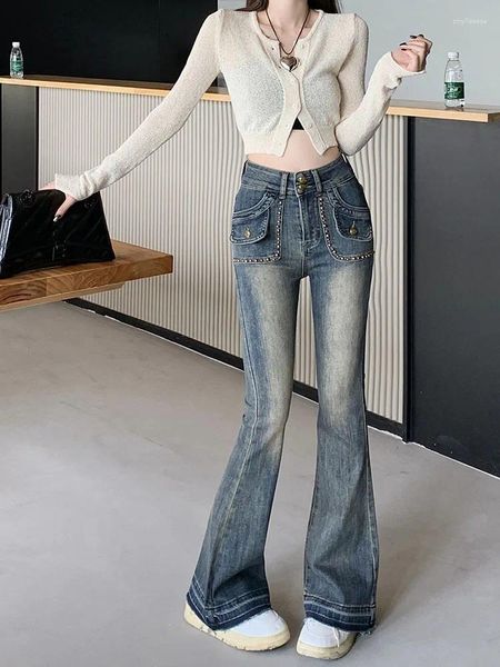Jeans femininos vintage Slim High Casting Flare Mulher Lady Autumn Winter Blue Denim Pants Mulheres bolsos