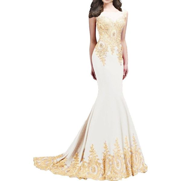 Elegante mermaid crepe bloße necke prom Kleider lange goldene Applikationen Illusion Back Sweep Train Party Kleid Maxi Trompete Abendkleider für Frauen