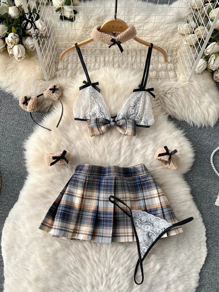 Castiny Sexy Plaid Japão Japão Estilo Erótico Conjuntos Pleated Skirtbow Laceless Lace Camis Women Women Sweet JK Uniform Lingerie Suits 240419