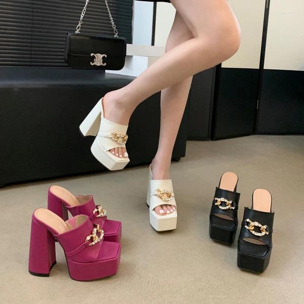 Vestido sapatos chinelos roxos mulheres bloqueiam os saltos altos sandálias de sandals metal plataforma de strass feminina 2024 moda zandalias de mujer