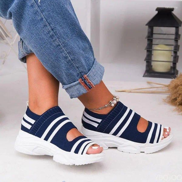 Gelegenheitsschuhe Frauen Sandalen 2024 High Heels Plattform Sommer weibliche Wohnungen Stricken Sie auf Peep Zeh.