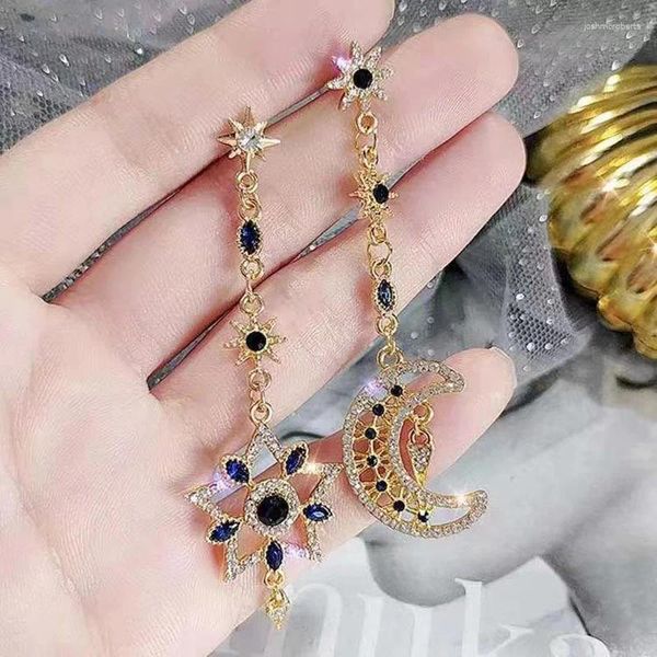 Dangle Ohrringe Böhmen Böhmen Golden Long Star Moon Quasten für Frauen Blau CZ Stein Inlay Piercing Drop Fashion Jewelry Party Geschenk