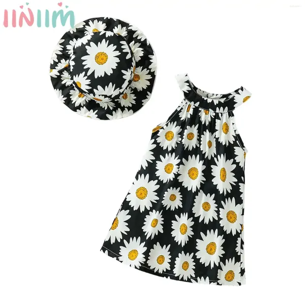 Vestidos meninas meninas garotas de verão boêmio vestido sem mangas impressão de flor de flor casual com sol definido para férias de praia diariamente desgaste