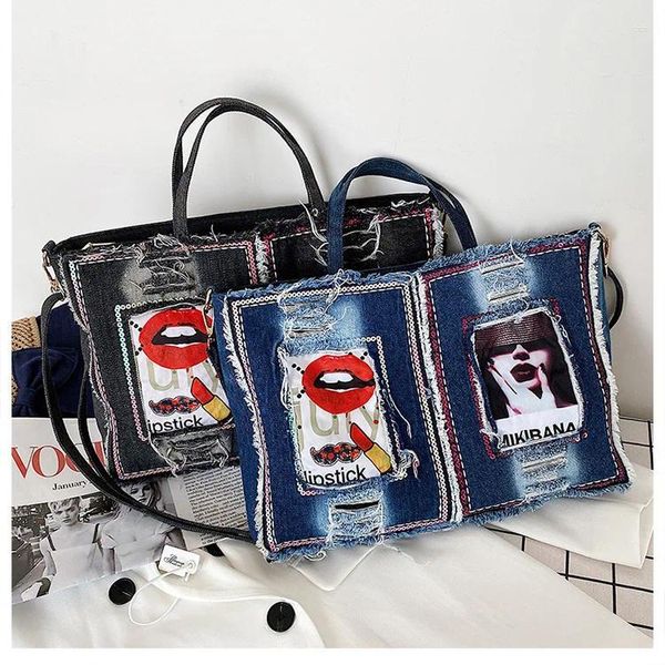 Umhängetaschen Frauen Denim 2024 weiblicher Lippendruck Reisetasche Jean Blue Retro Frauen Messenger Crossbody Handtasche Lippenstift