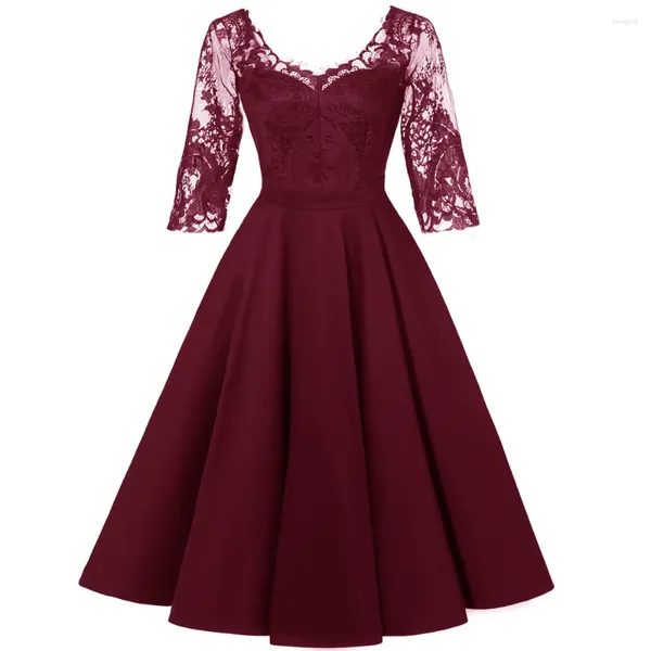 Lässige Kleider Frauen Burgund Vintage Weihnachtskleid sexy v Neck Tüllärmel Schwung eine Linie Elegantes Jahr Party Robe Kleidung