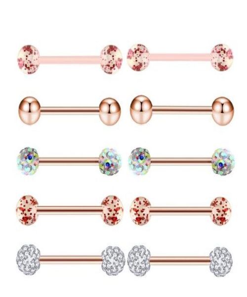 10pcsset Gold Rose Zungenringe Edelstahl Acrylohrringe Langhantel Körper Tragus Piercing Schmuck Brustwarze Ring7165092