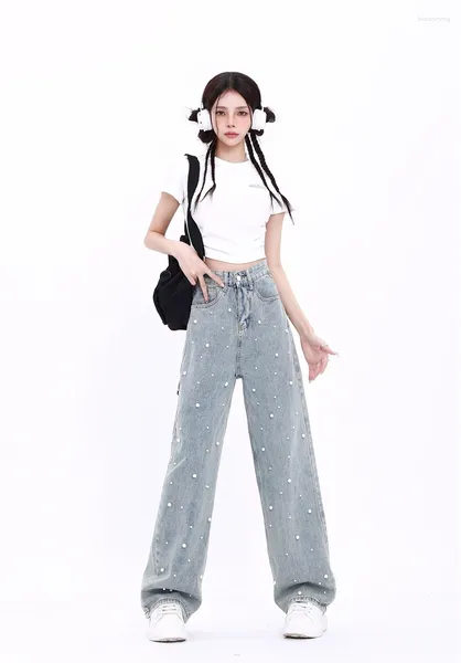 Frauen Jeans koreanische Version Casual Women Einfache schicke massive Mädchen American Street Nagel Bead Design Denim Baggytouser FashionFemale