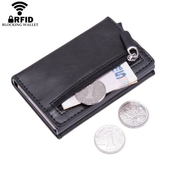 Brieftaschen rfid blockieren Männer intelligente Brieftasche mit Münzpocket Leder Geldbeutel Magnet Knopfkartenhalter Mann Geld Bag Metallkartenkoffer