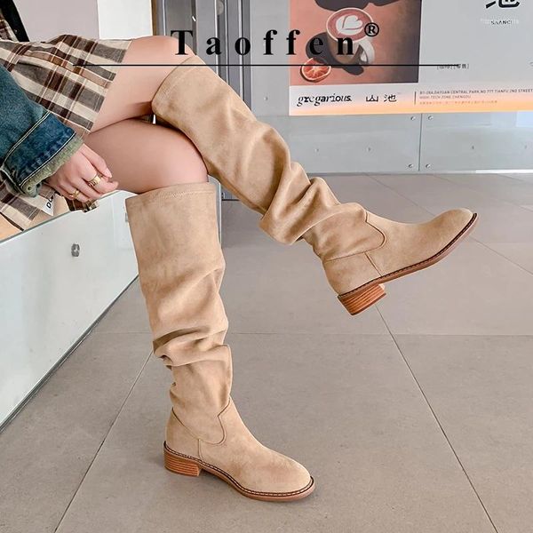 Stiefel Taoffe Frauen Knie-hohe warme Wildleder Mode plissierte niedrige klobige Ferse Lady Flat Schuhe Herbst Herbst Schuhe weiblich weiblich