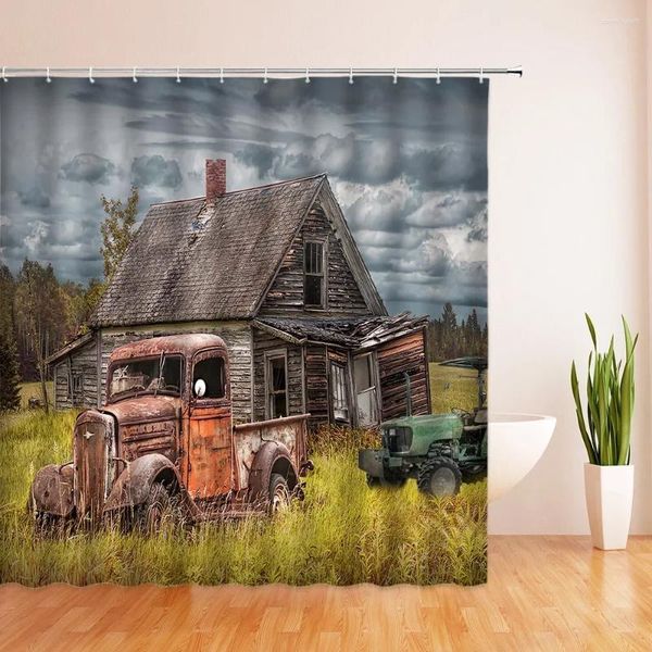 Duschvorhänge Retro Farmhouse Truck Vintage Old Car Farm Nature Szenerie Bad Vorhang Set Drucktuch Badezimmerdekor mit Haken