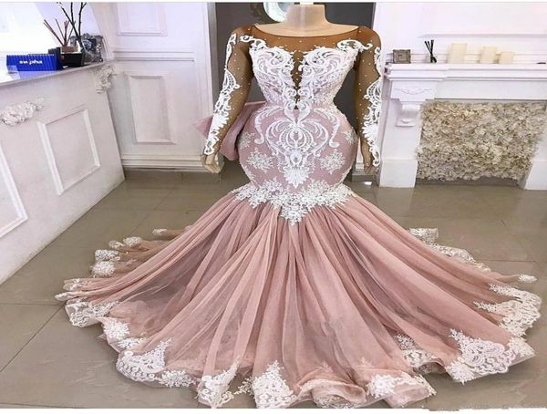 Novo blush rosa árabe mangas compridas vestidos de baile sereia jóia pescoço ilusão branca apliques cristal vestidos de noite Part6867189